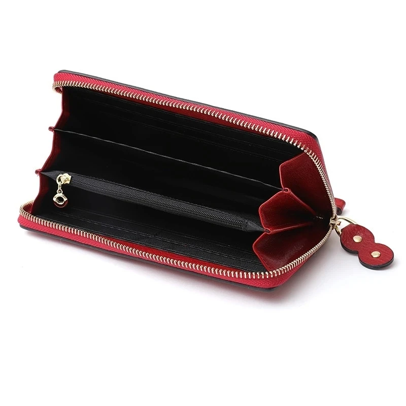 Червени Дамски портфейли, кожени портфейла, дълъг женски кожен портфейл с цип, многослоен клатч от телешка кожа,1