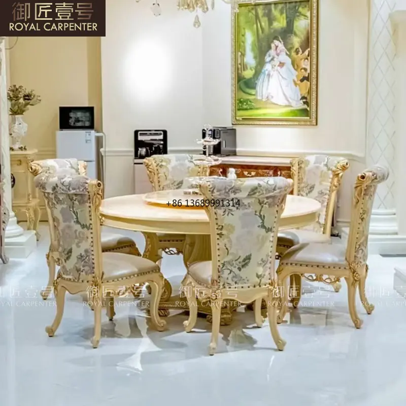 Луксозна европейска вила, кръгла маса, маса за хранене, стол, двореца маса от масивно дърво, комбинация столове, изработени по поръчка мрамор въртяща се маса, маса за хранене0