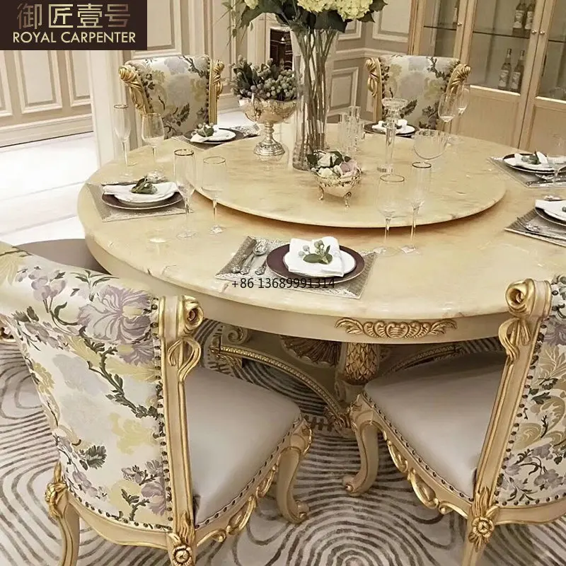Луксозна европейска вила, кръгла маса, маса за хранене, стол, двореца маса от масивно дърво, комбинация столове, изработени по поръчка мрамор въртяща се маса, маса за хранене1