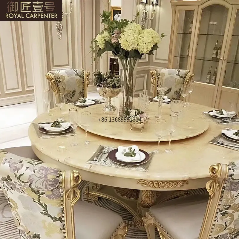 Луксозна европейска вила, кръгла маса, маса за хранене, стол, двореца маса от масивно дърво, комбинация столове, изработени по поръчка мрамор въртяща се маса, маса за хранене2