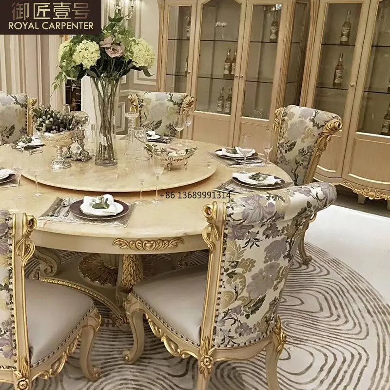 Луксозна европейска вила, кръгла маса, маса за хранене, стол, двореца маса от масивно дърво, комбинация столове, изработени по поръчка мрамор въртяща се маса, маса за хранене4