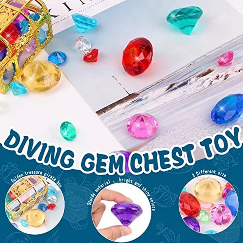 Играчки за басейна със скъпоценни камъни за гмуркане, цветен диамант камък от съкровището, пиратски сандък, летен комплект подводни камъни за деца3