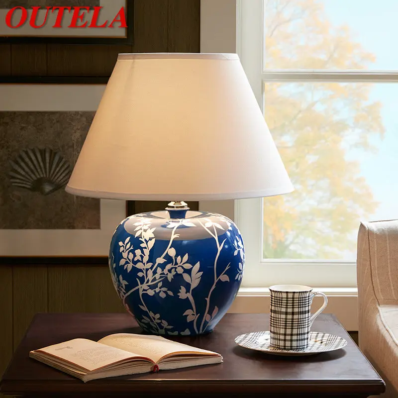 OUTELA Модерна синя керамична настолна лампа Творчески ретро led настолна лампа за декоративен дома, хол, прикроватной нощни шкафчета в спалнята0