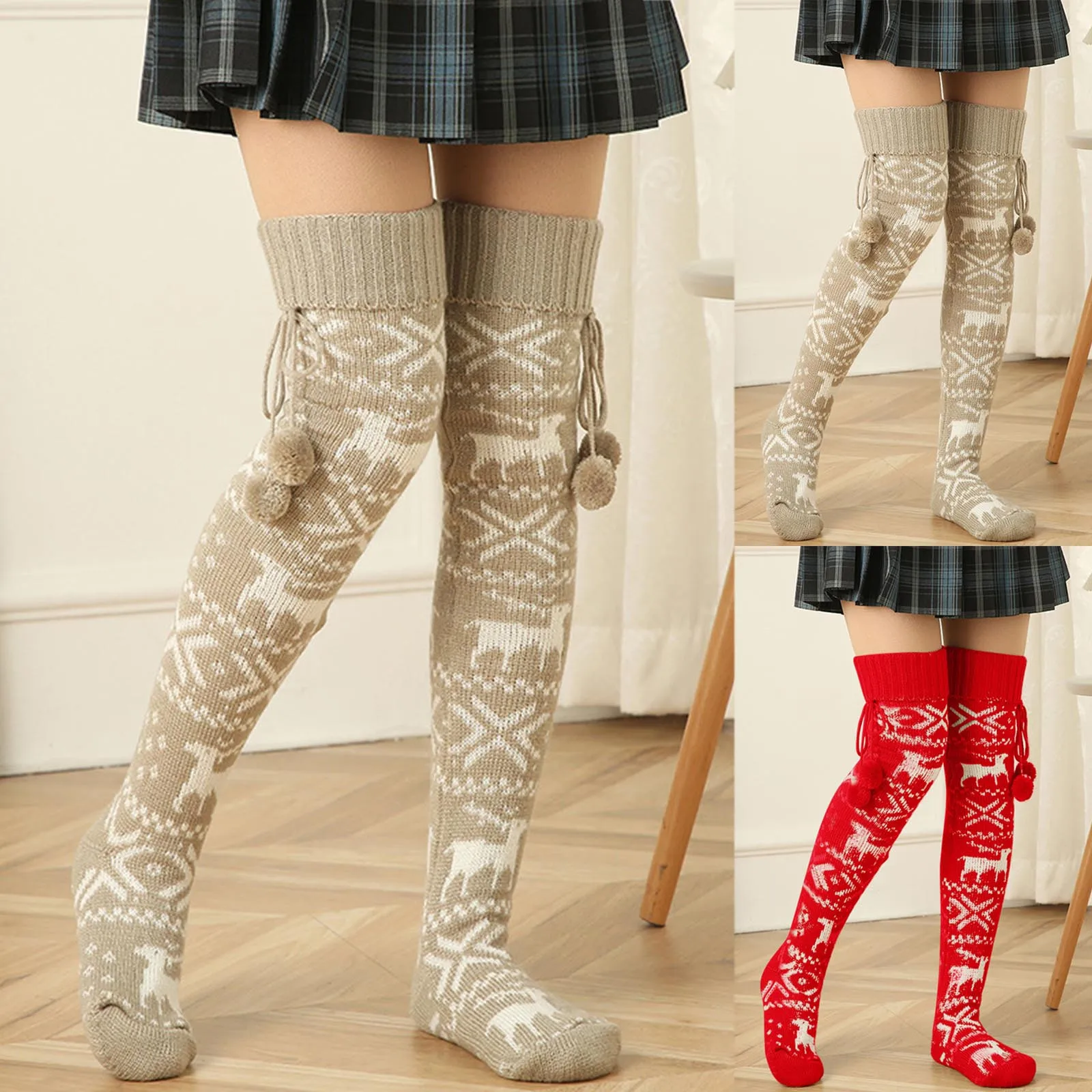 Коледни чорапи, дамски възли дълги чорапи за дамите, зимата на топло вязаный отглеждане, вълнена топка, чорапогащи над коляното0