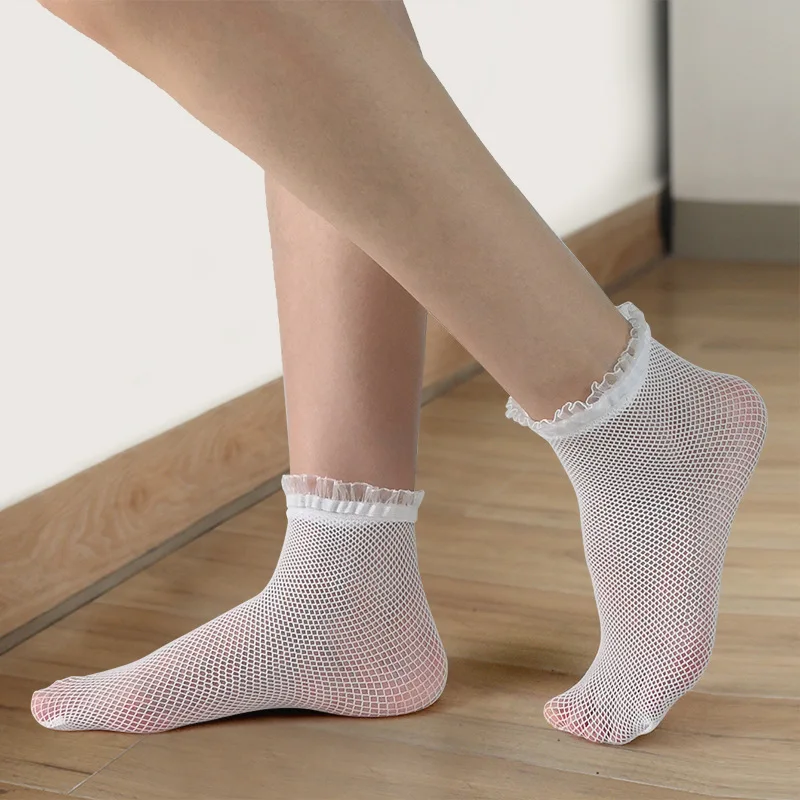 Летни дамски чорапи, Нови модни мрежести чорапи с изрези за жени, секси дантелен деликатен чорап, черен, Бял женски0