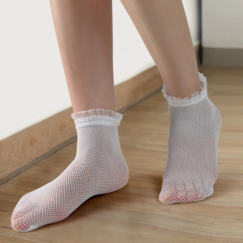 Летни дамски чорапи, Нови модни мрежести чорапи с изрези за жени, секси дантелен деликатен чорап, черен, Бял женски2
