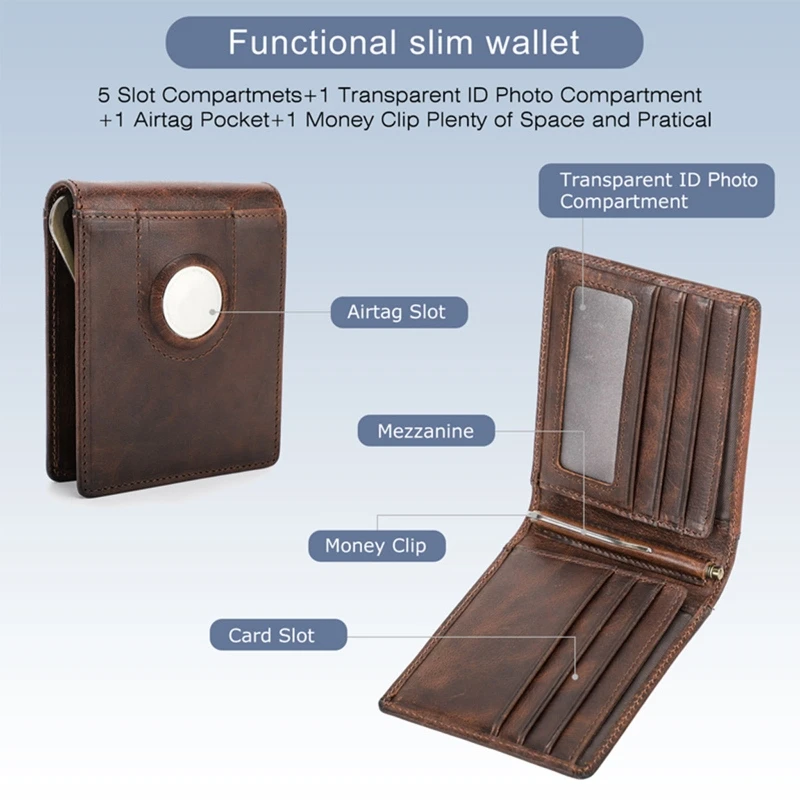 Мъжки тънък кожен портфейл RFID Casual Money Case Мъжки портфейли, съвместими с притежателя на Airtag, с кредитна карта, малко портфейла си, джоб за монети4