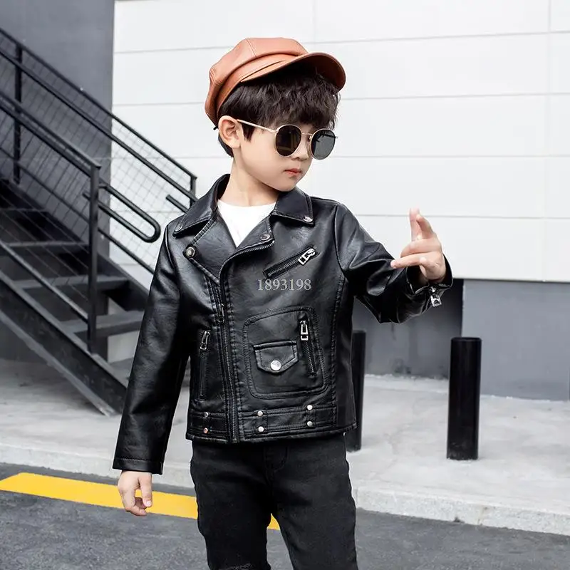 Детски мотоциклетни кожени якета 2021, пролетно-есенни нови палто от изкуствена кожа за корейски момчета, модни топове с цип с ревери2