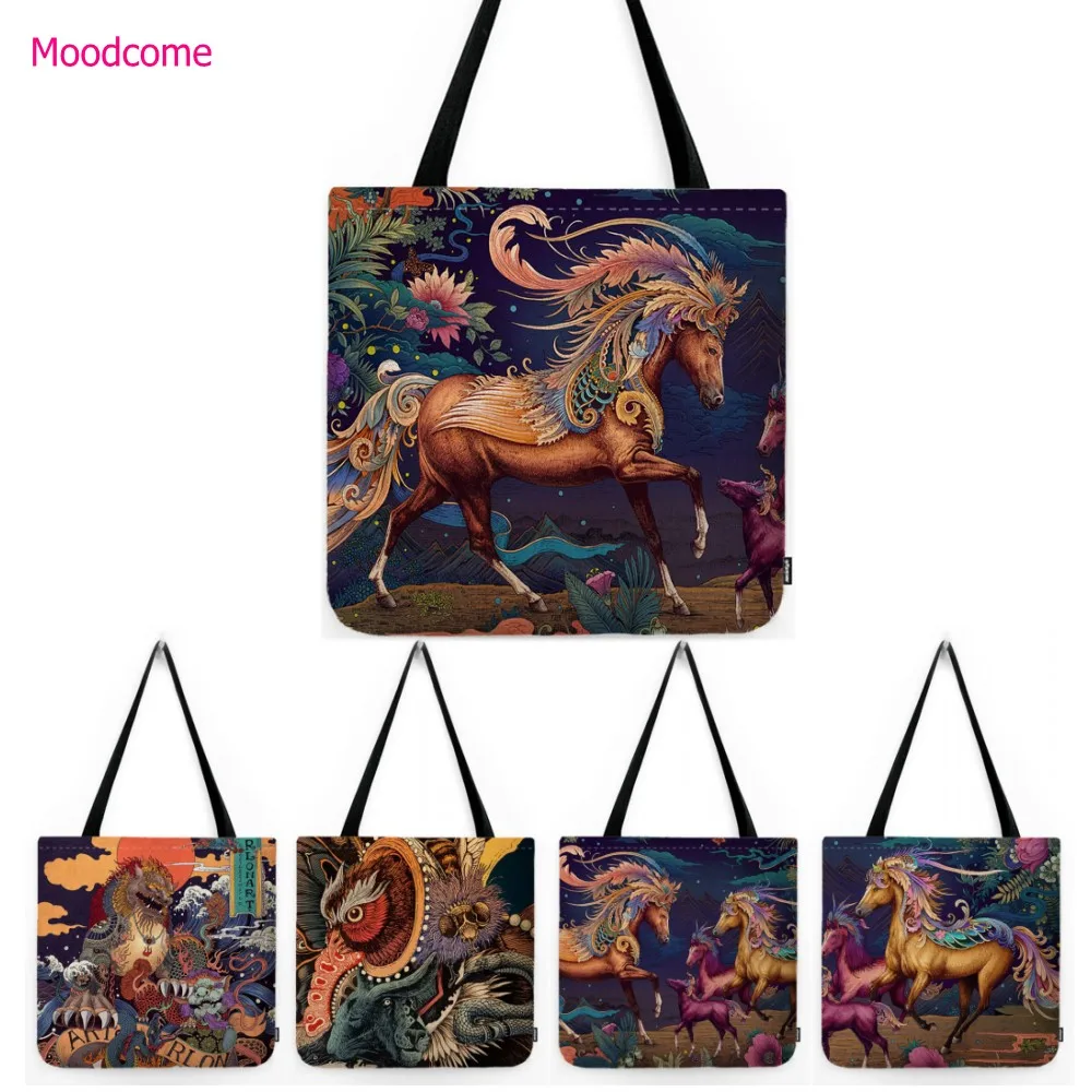 Многоцветни конски животни с грива, японска дърворезба, художествен стил, водоустойчива чанта за покупки от памук и лен, Уникална и стилна чанта-тоут0