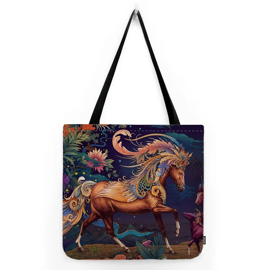 Многоцветни конски животни с грива, японска дърворезба, художествен стил, водоустойчива чанта за покупки от памук и лен, Уникална и стилна чанта-тоут2