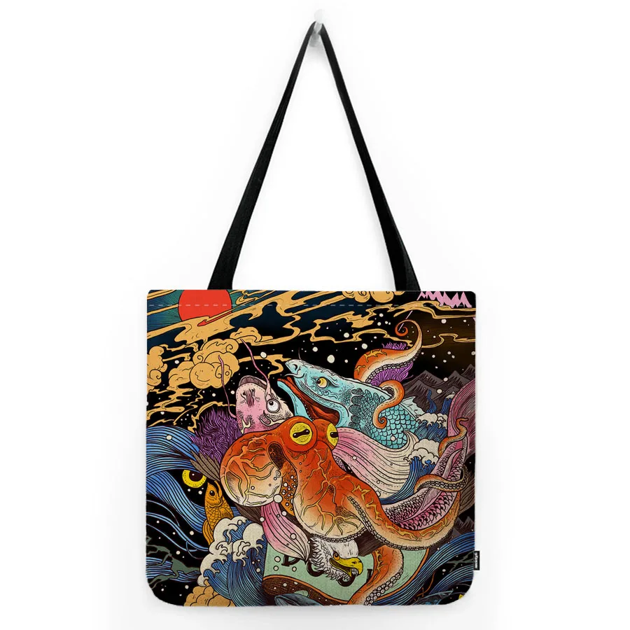 Многоцветни конски животни с грива, японска дърворезба, художествен стил, водоустойчива чанта за покупки от памук и лен, Уникална и стилна чанта-тоут3