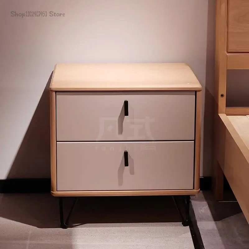 Модерна проста нощно шкафче от масивно дърво, нощни шкаф за съхранение в скандинавски стил, двойна кутия, нисък шкаф, страничен шкаф4