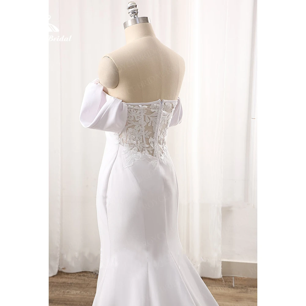Vestido De Casamento бохо-шик сатен сватбени рокли 2023 с открити рамене, дантелени сватбени рокли на русалка, за придворен влакове на булката3