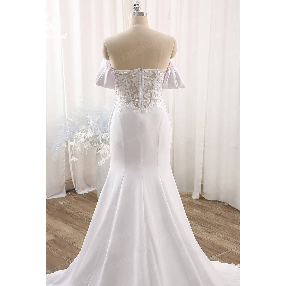 Vestido De Casamento бохо-шик сатен сватбени рокли 2023 с открити рамене, дантелени сватбени рокли на русалка, за придворен влакове на булката5