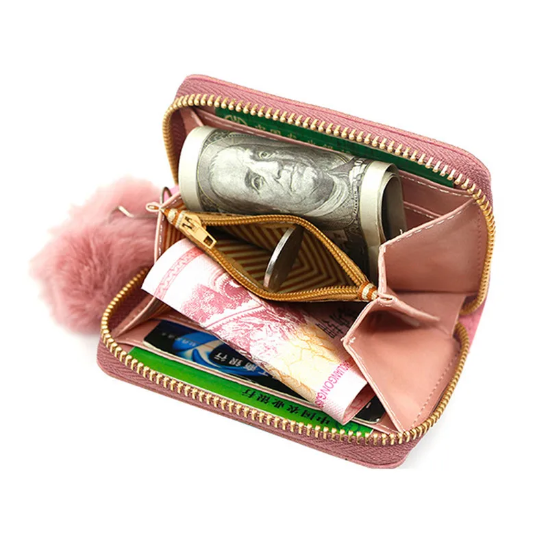 Ново бродирана портфейл за жени, дамски портмонета за монети, туфи козина, коса, изкуствена кожа, с цип, държач за кредитни карти, клатч, джоб за пари5