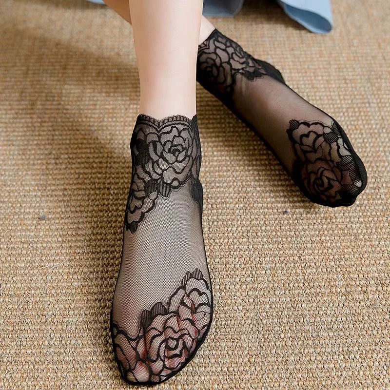 5 двойки женските чорапи-невидимок с флорална дантела, пролет-лято, фини дамски дантелени чорапи-лодки, кухи нескользящие прозрачни чорапи2