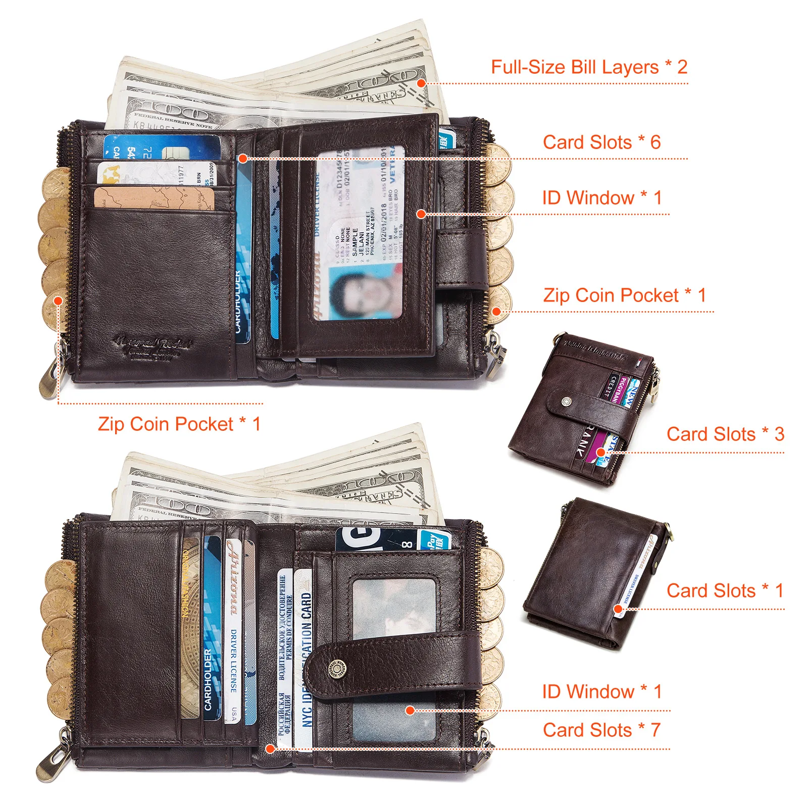 Чантата-визитница от раменната КОСТ, мъжки RFID органайзер от естествена кожа, портфейли-организаторите с джоб за монети, кратък портфейл-клатч с прозорец за идентификация2