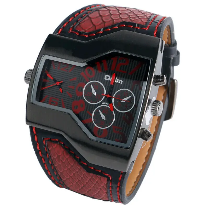 Мъжки часовник Oulm с две часови зони кварцов часовник с широка каишка от изкуствена кожа Модерен ръчен часовник3