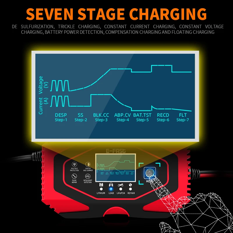 12V 24V 6A Акумулатор интелигентно зарядно устройство Интелигентен мотор Автоматично оловно киселинен литиево-йонна батерия Умна бързо зареждане на цифров LCD дисплей2
