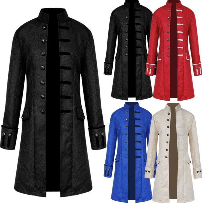 Средновековна палто за възрастни, однотонная модерен мъжки униформи в стил steampunk, реколта яке с висока яка, дълго яке с жаккардовым модел0