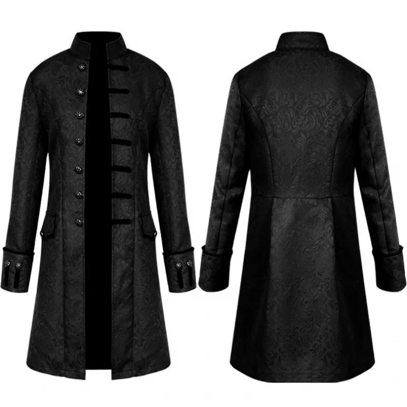 Средновековна палто за възрастни, однотонная модерен мъжки униформи в стил steampunk, реколта яке с висока яка, дълго яке с жаккардовым модел1