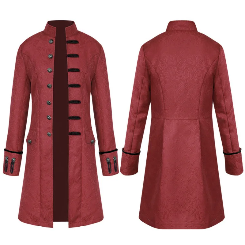 Средновековна палто за възрастни, однотонная модерен мъжки униформи в стил steampunk, реколта яке с висока яка, дълго яке с жаккардовым модел3