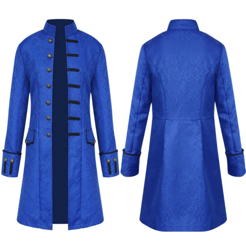 Средновековна палто за възрастни, однотонная модерен мъжки униформи в стил steampunk, реколта яке с висока яка, дълго яке с жаккардовым модел4