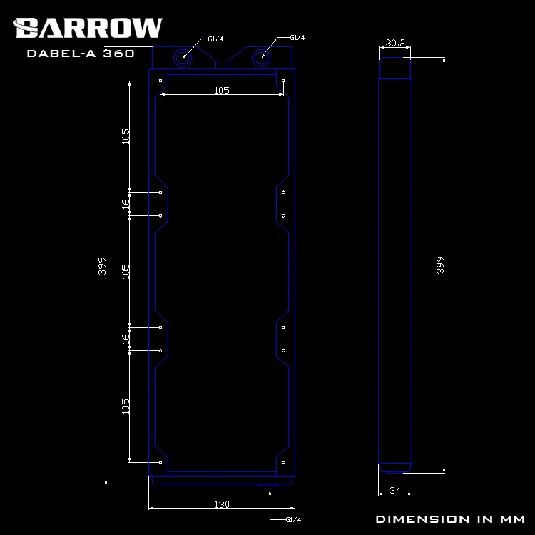 Barrow Dabel-360, радиатор дебелина 34 мм 360 мм, мед одноволновой охладител за вода, подходящ за 120-мм вентилатори4