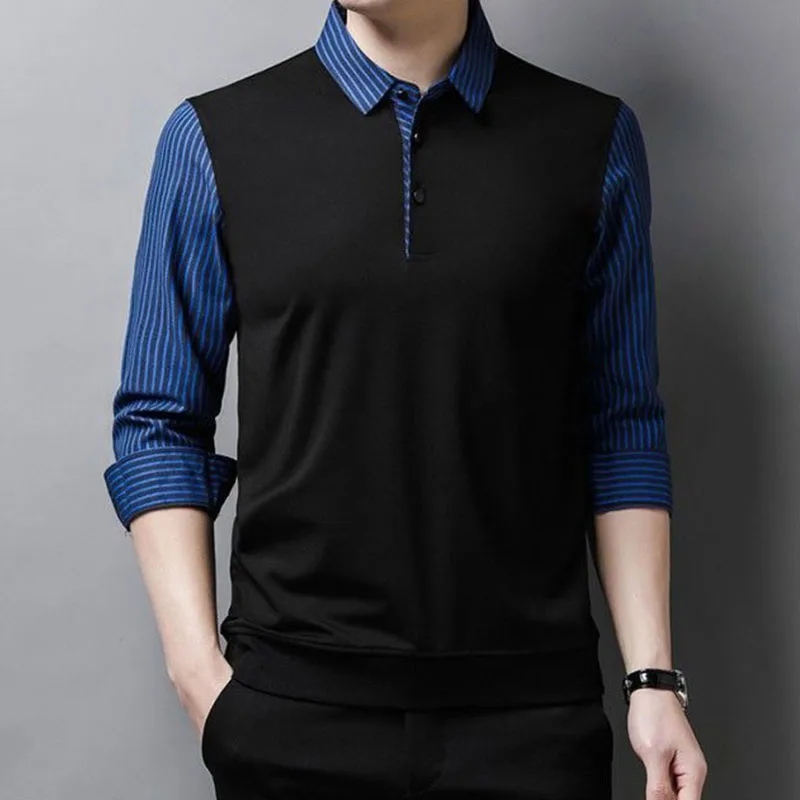 Модерен мъжки ризи Поло в райе с дълъг ръкав, пролет-есен, памучен мъжки облекла в стил мозайка, бизнес Свободни обикновена ежедневни блузи0
