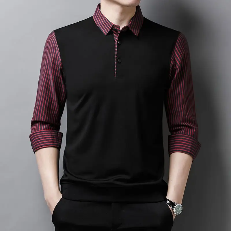 Модерен мъжки ризи Поло в райе с дълъг ръкав, пролет-есен, памучен мъжки облекла в стил мозайка, бизнес Свободни обикновена ежедневни блузи1