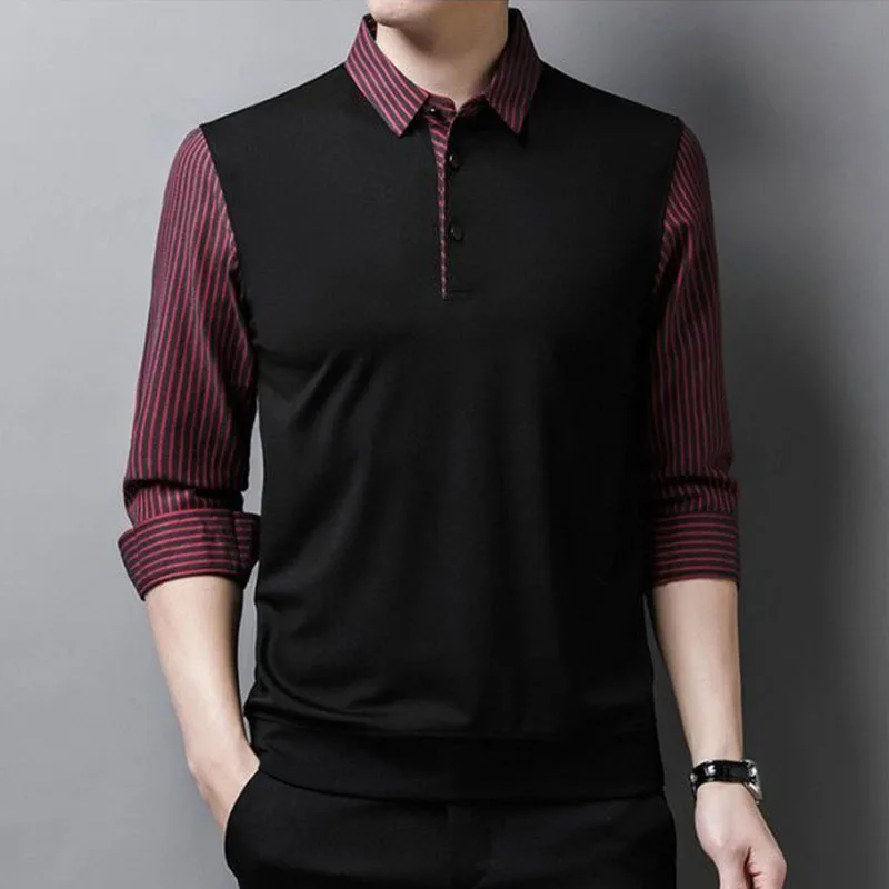 Модерен мъжки ризи Поло в райе с дълъг ръкав, пролет-есен, памучен мъжки облекла в стил мозайка, бизнес Свободни обикновена ежедневни блузи5