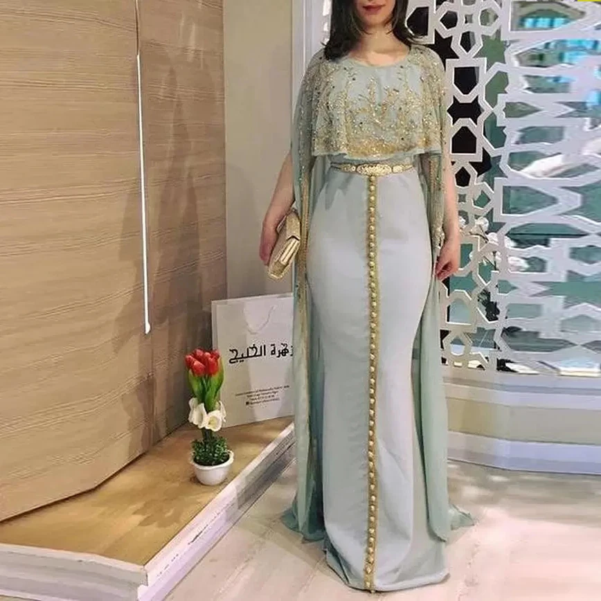 Грей марокански кафтан Вечерни рокли Златни дантелени апликации Рокли за абитуриентски бал в стил пелерини Саудитска Арабия вечерна рокля2