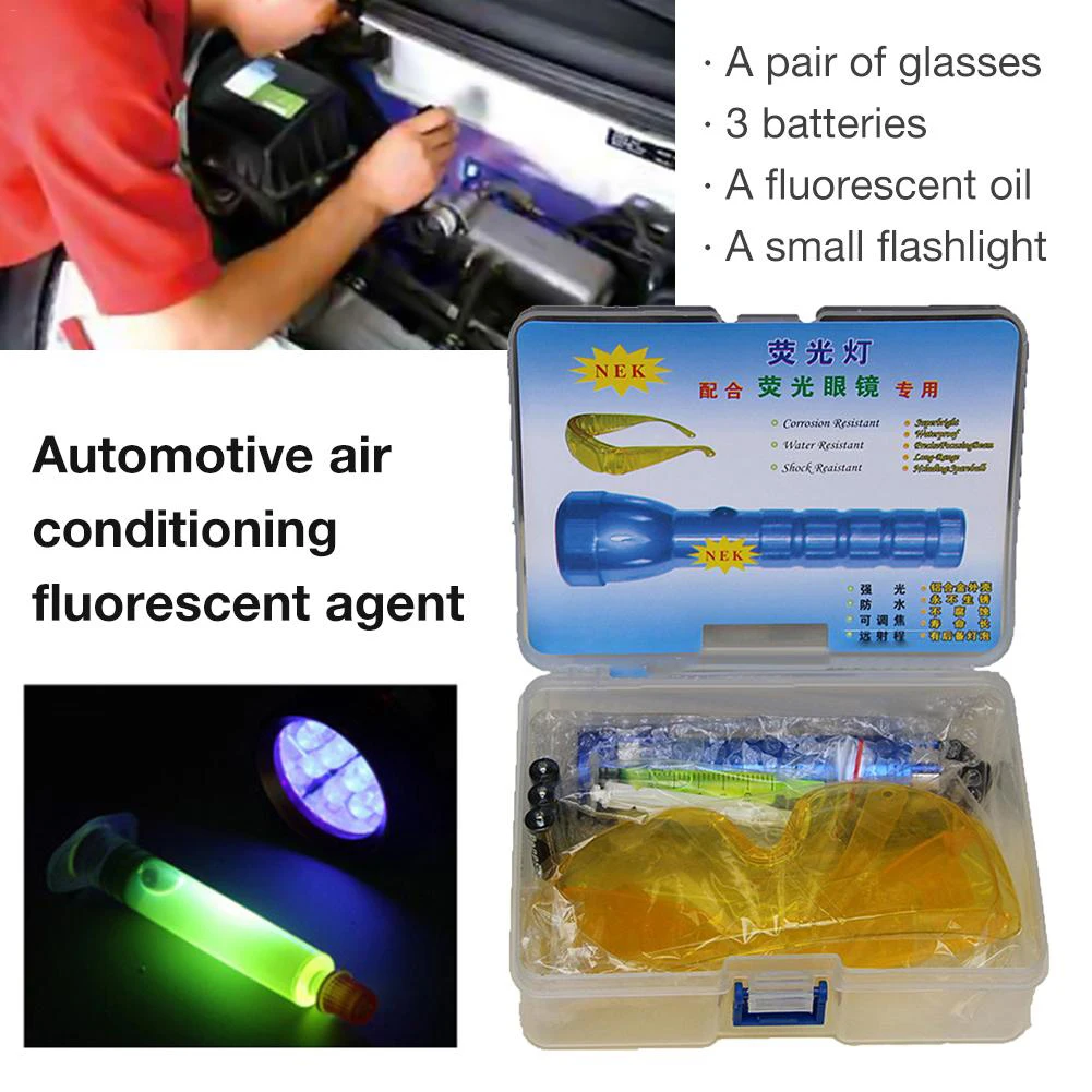 Автоматично флуоресцентно инструмент за откриване на течове, ремонт инструмент климатик, led UV фенерче, Очила, Набор от инструменти за флуоресцентна масло4