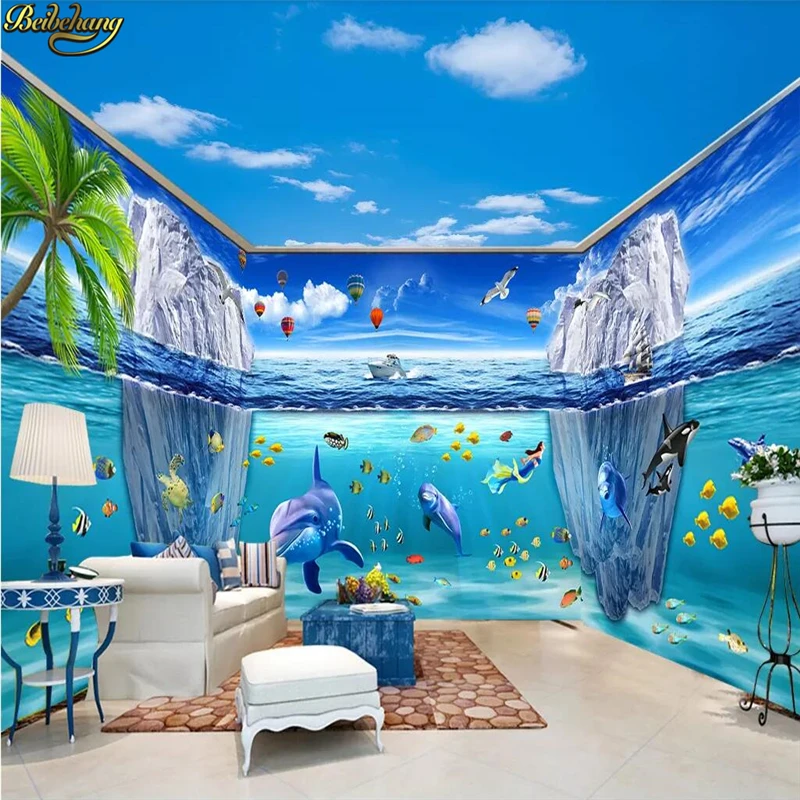 beibehang Потребителски 3D тапети на стенописите на красив подводен свят тема делфин космически 3D фул хаус тапети начало декор1