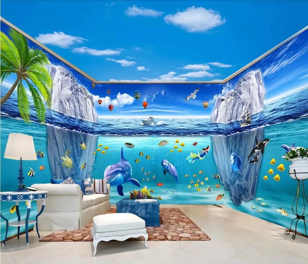 beibehang Потребителски 3D тапети на стенописите на красив подводен свят тема делфин космически 3D фул хаус тапети начало декор2