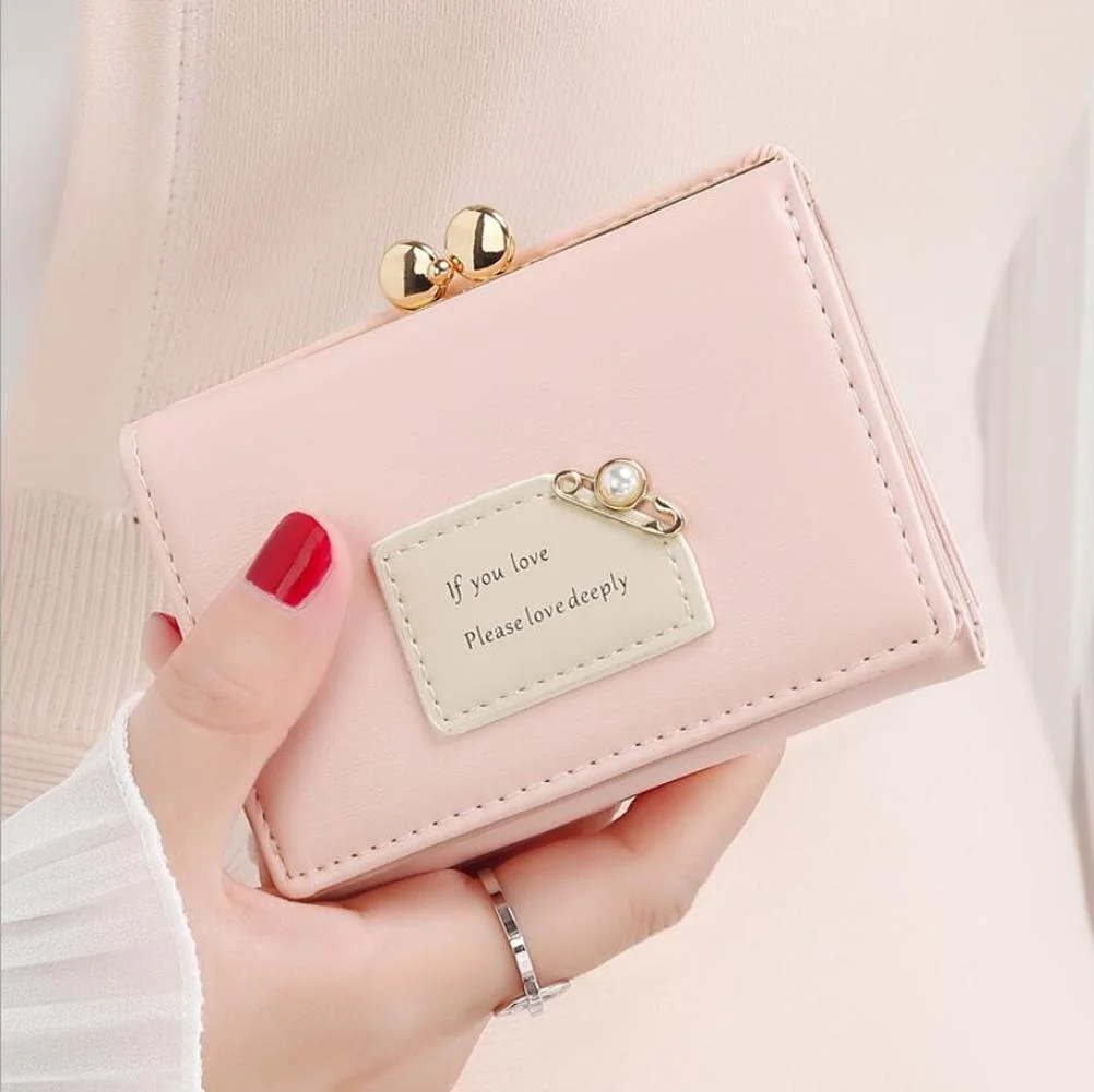 Дамски портмонета, женски кратък модерен дизайнерски портфейл с три гънки, лесен сладък студентски клатч, държач за карти, портфейл за монети0