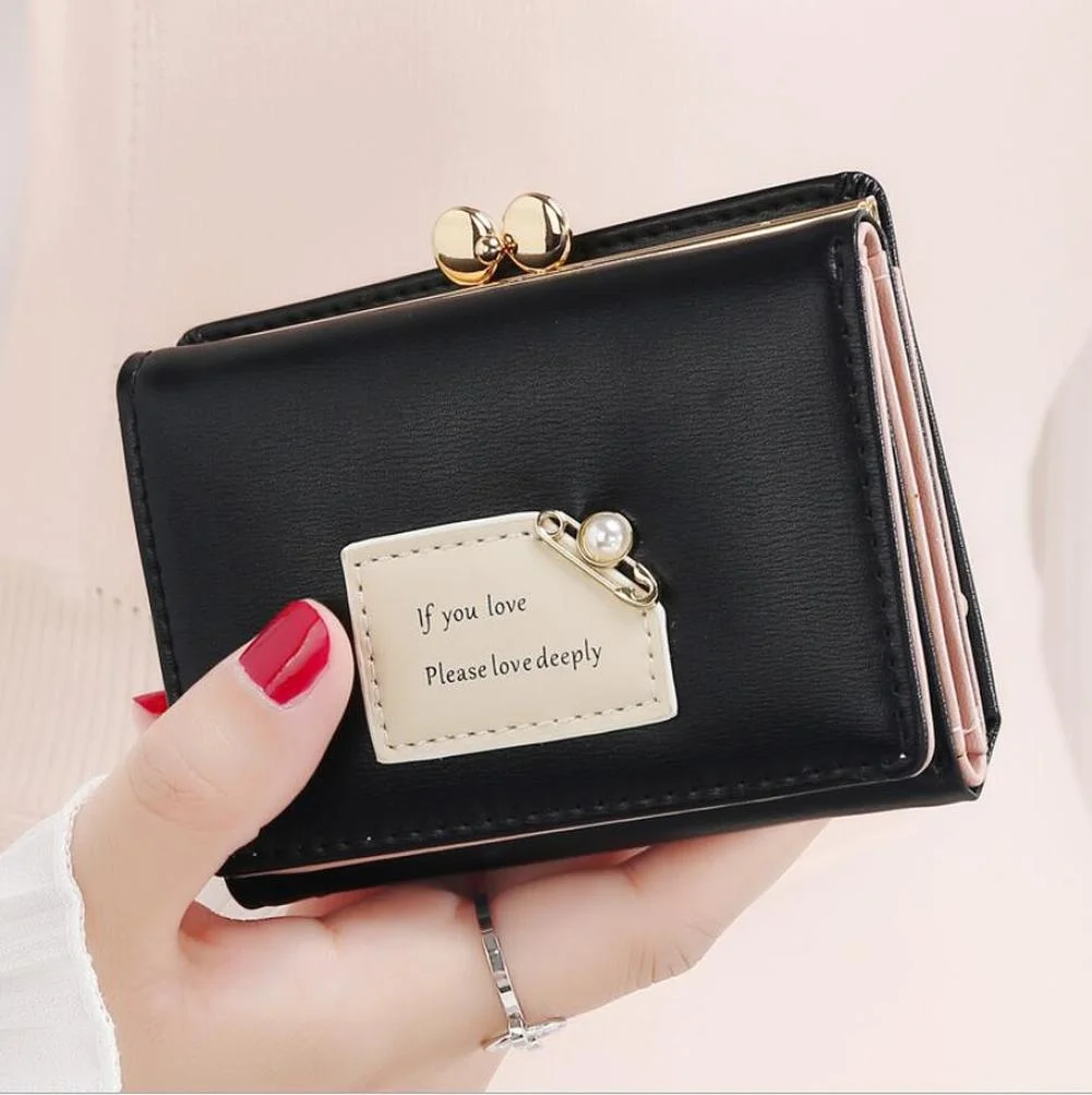 Дамски портмонета, женски кратък модерен дизайнерски портфейл с три гънки, лесен сладък студентски клатч, държач за карти, портфейл за монети3