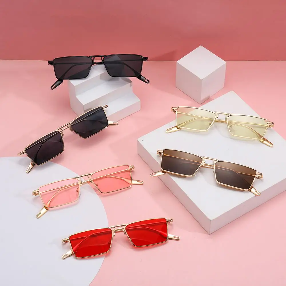 Корейски модни тесни слънчеви очила с защита от uv Правоъгълна форма в стил хип-хоп, метални слънчеви очила, нюанси точки0