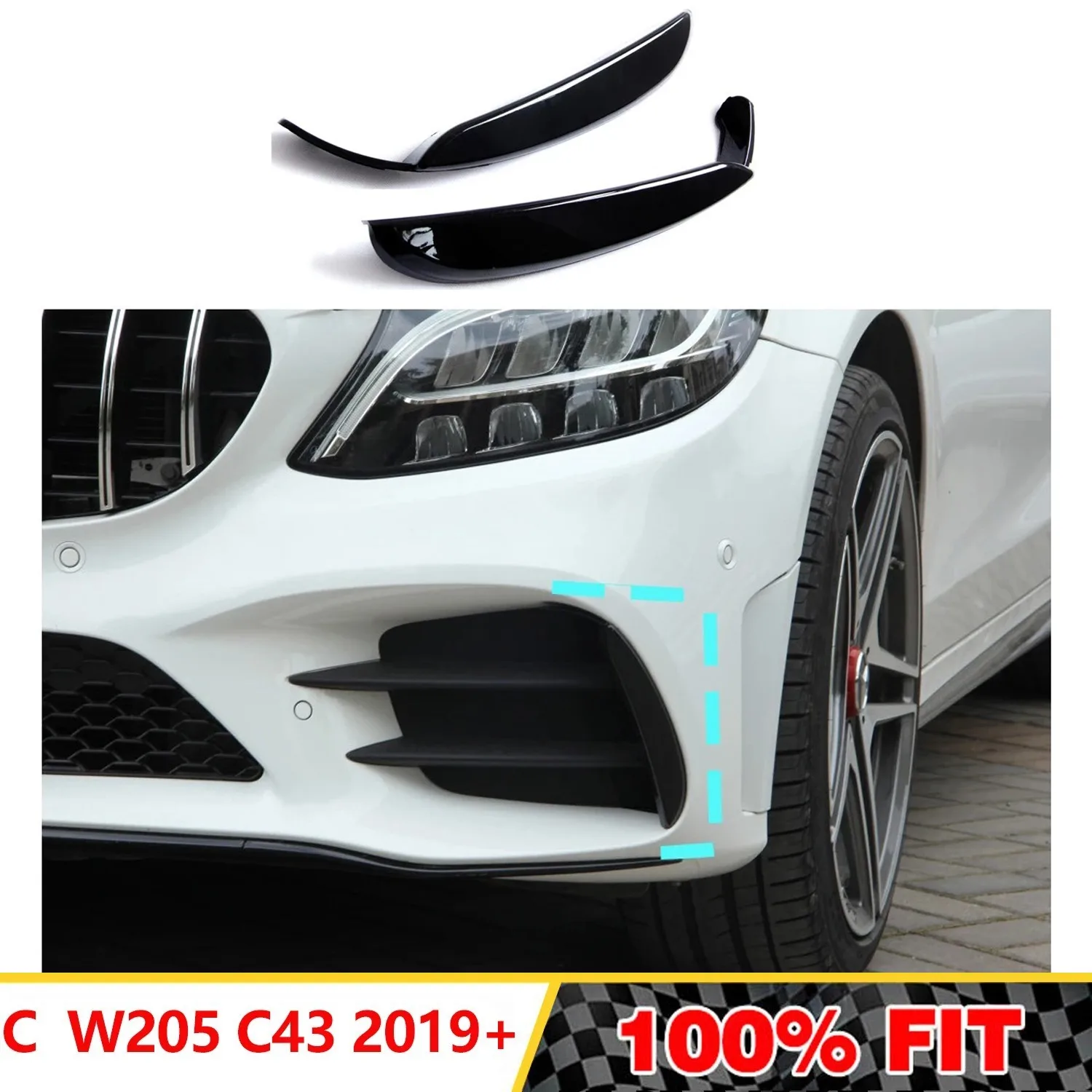 Сплитер фарове за мъгла фарове предна броня, въздушна тампон Canard за Mercedes-Benz C Class W205 C43 AMG 2019 + черно гланц0