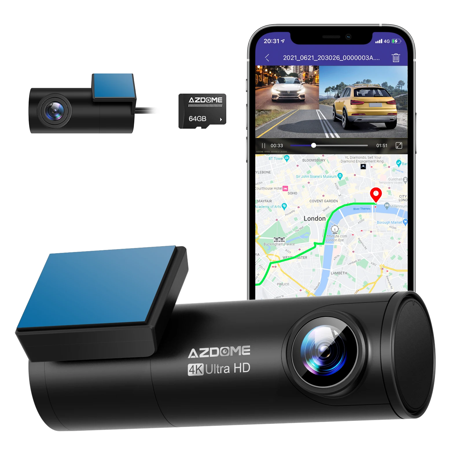 AZDOME M300S Автомобилни регистратори 4K + 1080P Камера за задно виждане (безплатен 64G TF) Вграден GPS Wifi Автомобилен Видеорекордер С Гласов контрол Dash Камера за Супер Нощно виждане0