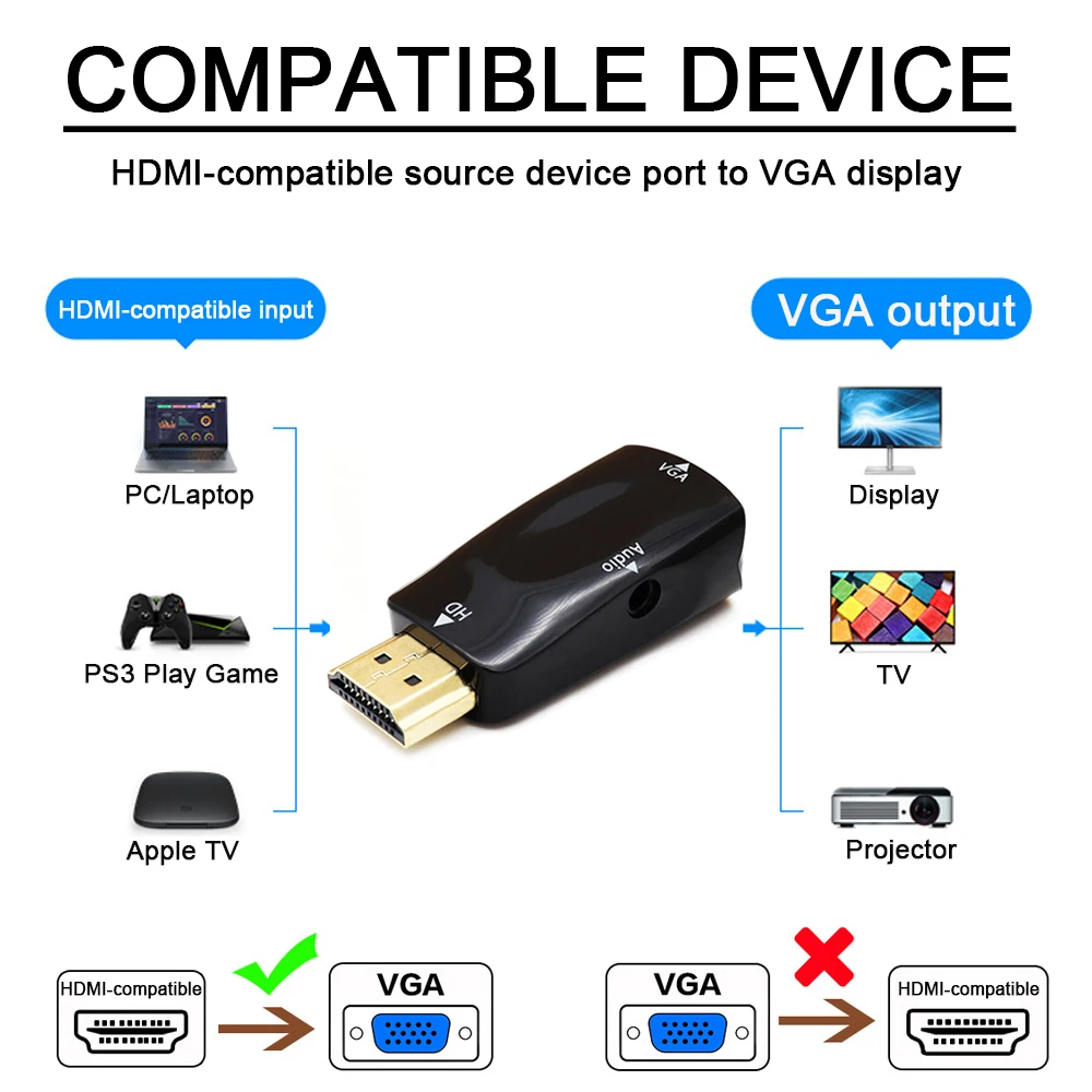 Адаптер за HDMI Male to VGA Женски Конектор 3.5 мм аудио HD 1080P аудио кабел Конвертор за преносими PC TV Box Компютърен дисплей Проектор2
