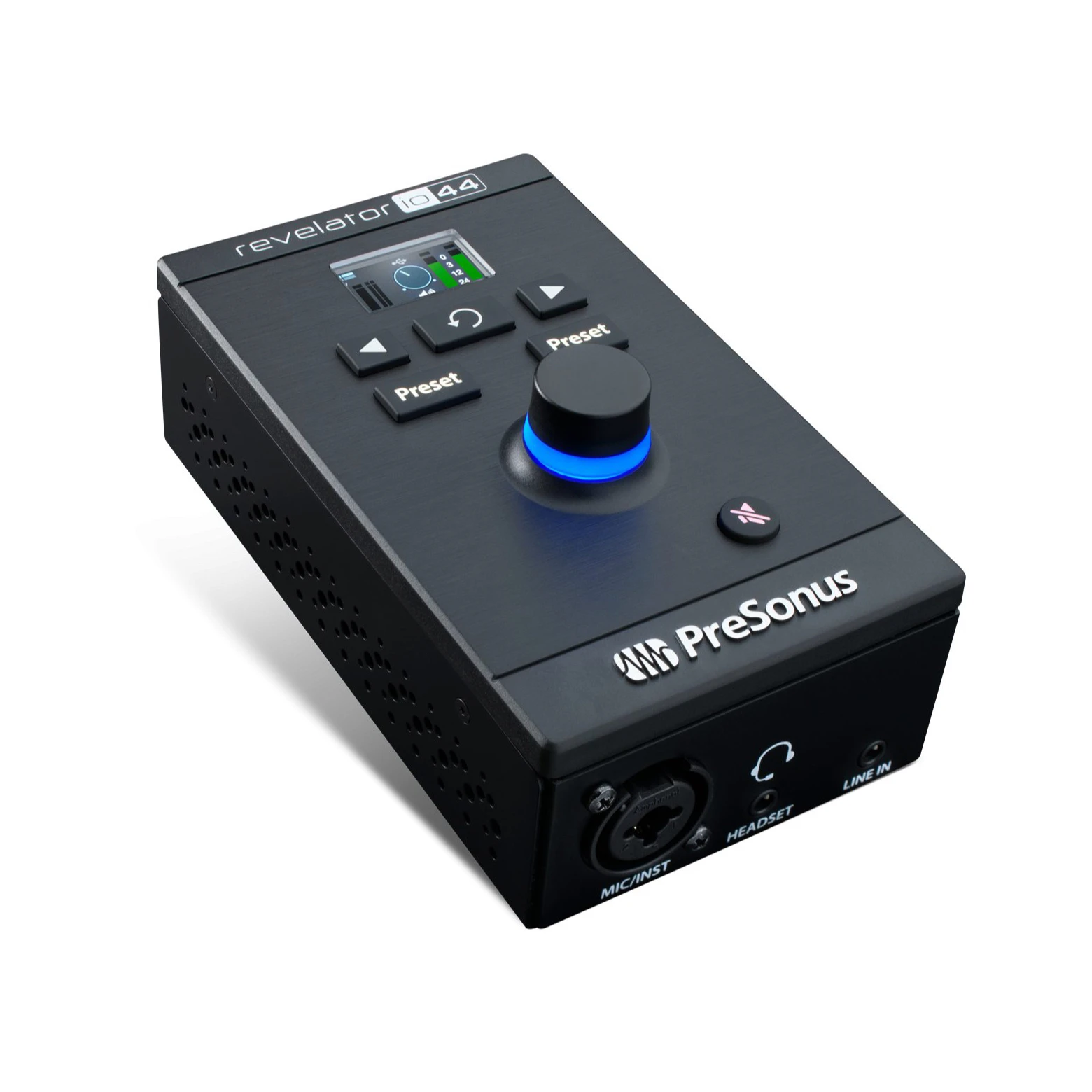 PreSonus Revelator io44 - Ультракомпактный аудиоинтерфейс, който е съвместим с мобилни шина USB-C®, за запис, стрийминг и подкастинг.1