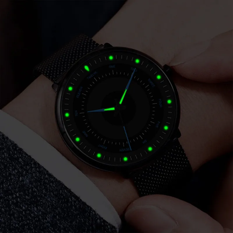 2023 Минималистичные модерен мъжки часовник-тънки бизнес светещи класически кварцов часовник с мрежесто каишка от неръждаема стомана Relogio Masculino2