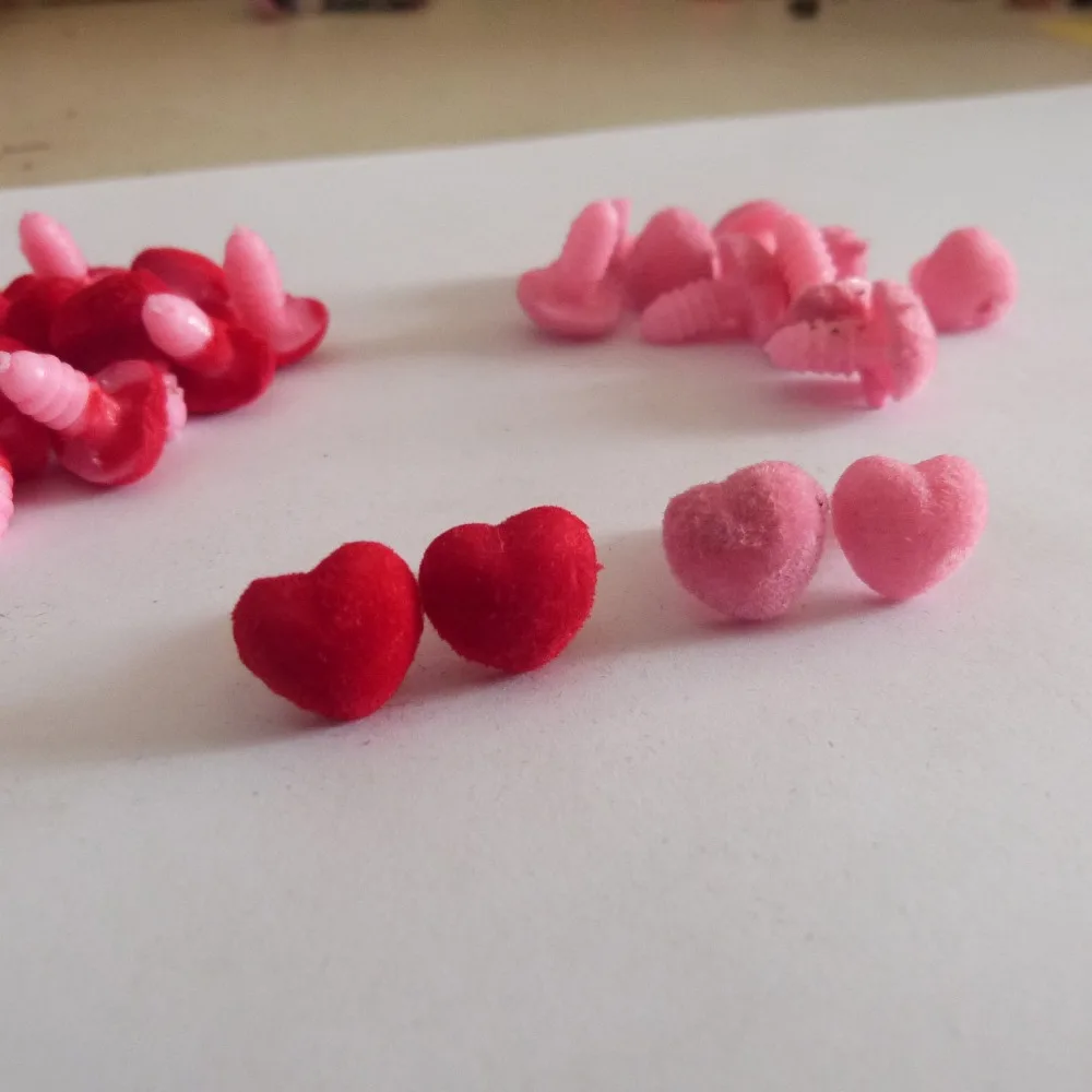 100 бр./лот, 12 мм, флокированный играчка нос във формата на сърце, сигурна носа кукли-любимец + мека шайба за куклено diy-розово/червено вариант0