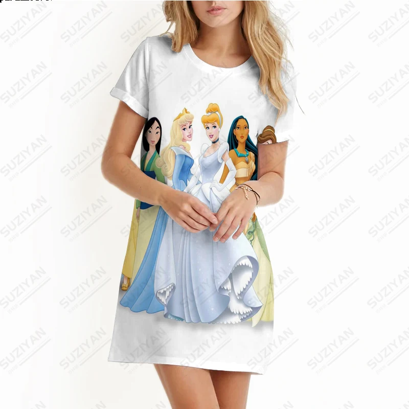 Модерен Пролетно-лятно женствена рокля на Принцеса Дисни с принтом Мики Маус, Плажна пола, Дамски Панталон Трапецовидна форма, с кръгло деколте и къс ръкав4