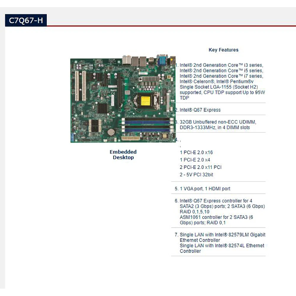 C7Q67-H За вграждане в работния плот на дънната платка Supermicro 2-ро поколение Core i3 i5 i7 Серията LGA1155 DDR3-1333MHz Гореща Разпродажба4