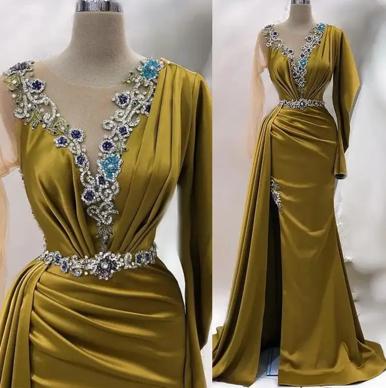 Лаймово-зелена рокля на Русалка за бала с дълъг ръкав, бродирани с мъниста и кристали, с висока цепка, арабски вечерни рокли Aso Ebi0