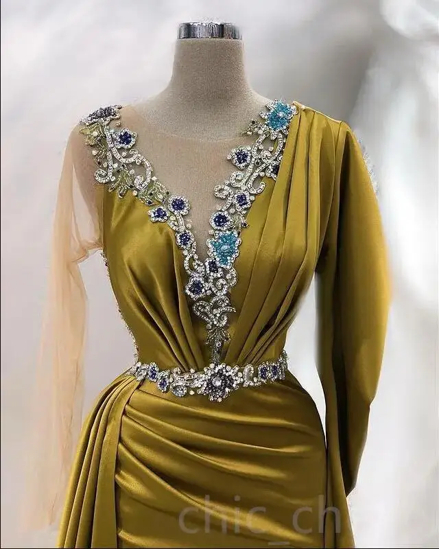 Лаймово-зелена рокля на Русалка за бала с дълъг ръкав, бродирани с мъниста и кристали, с висока цепка, арабски вечерни рокли Aso Ebi2