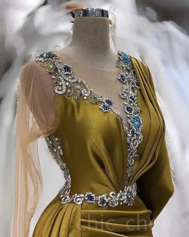 Лаймово-зелена рокля на Русалка за бала с дълъг ръкав, бродирани с мъниста и кристали, с висока цепка, арабски вечерни рокли Aso Ebi3