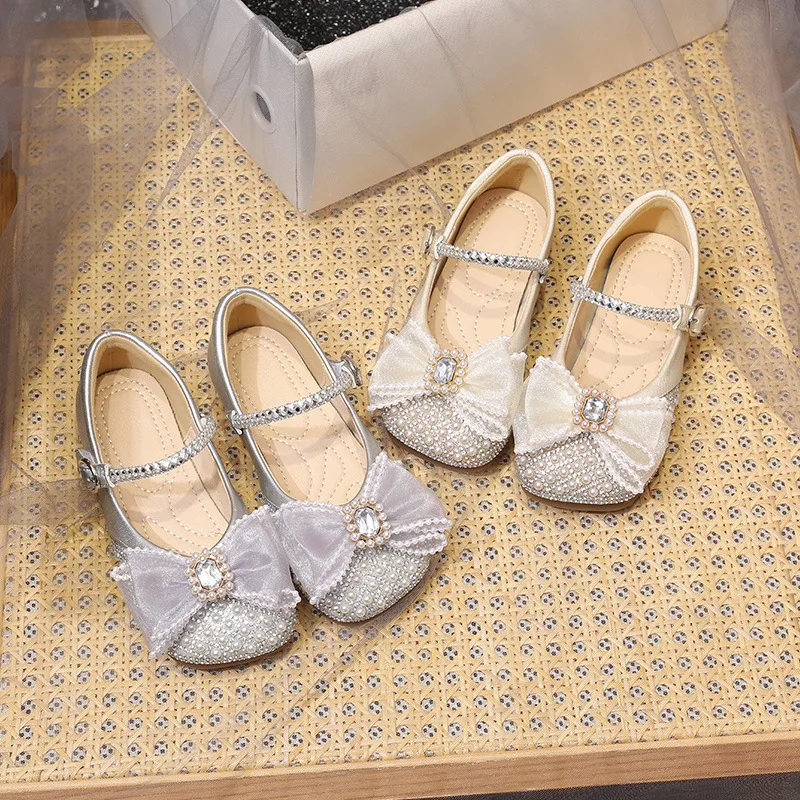 Пролетно нова детска кожа обувки подметка с перлата на носа, обувки принцеси за момичета, ежедневни обувки на плоска подметка с кристали за момичета2